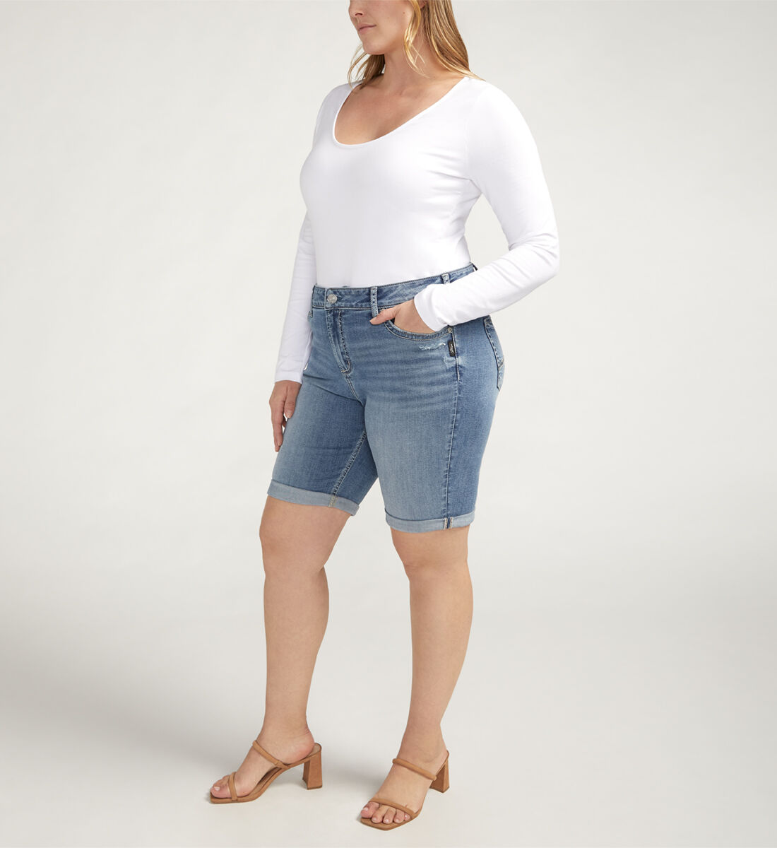 Buy Elyse Mid Rise Bermuda Shorts Plus Size for USD 58.00 | Silver 