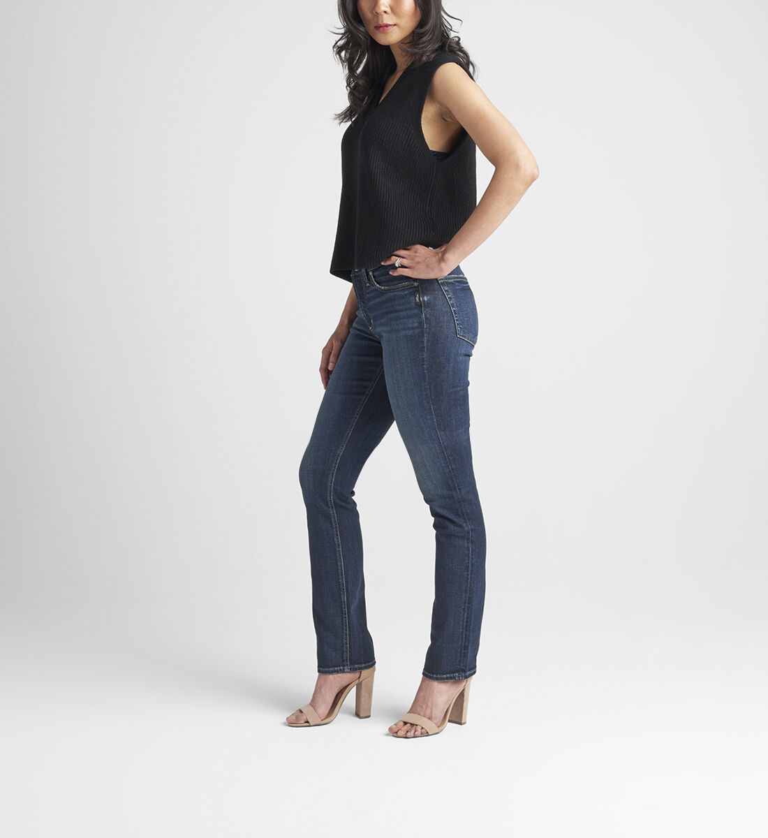 Mid Rise Denim & Fabric Wide Jeans